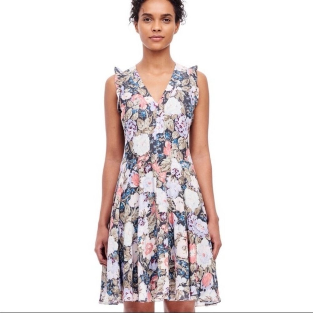 Rebecca Taylor Penelope V-Neck Silk Floral Multicolor Dress